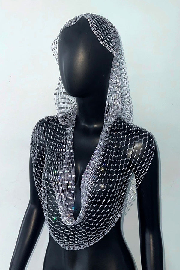 Fashion Fishnet Rhinestone Hooded Vest-consonak