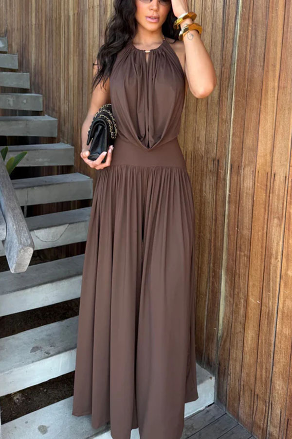 Lightweight Chic Metal Ring Drape Cowl Halter Neck Bodysuit and Elastic Waist Wide Leg Pants Set-Consonak