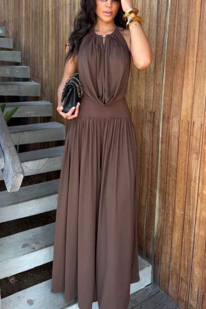 Lightweight Chic Metal Ring Drape Cowl Halter Neck Bodysuit and Elastic Waist Wide Leg Pants Set-consonak