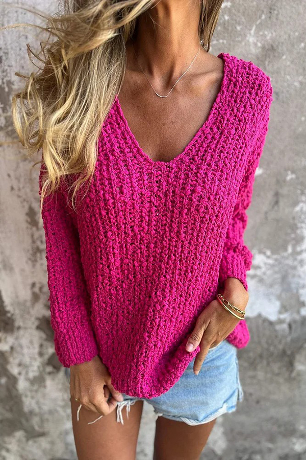 Solid Color V-neck Long-sleeved Loose Knitted Sweater-consonak