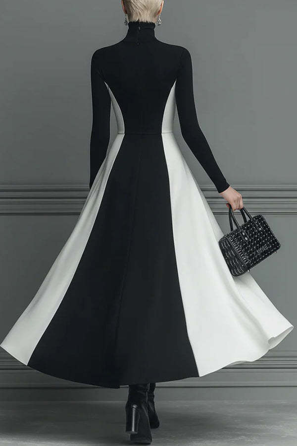 Stylish Color-blocked Turtleneck Long-sleeved Slim-fit Midi Dress-consonak