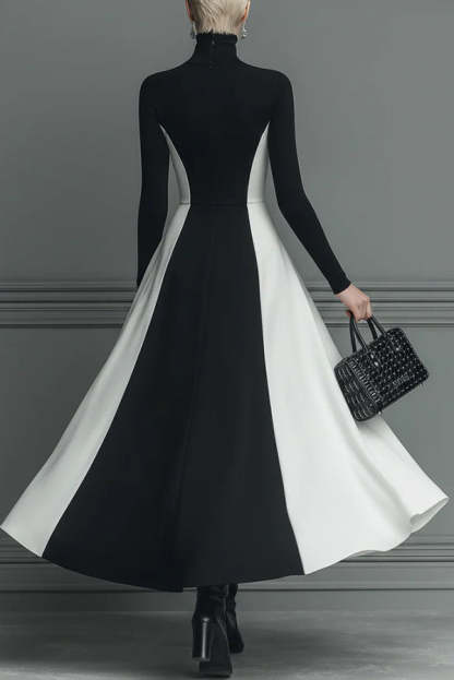 Stylish Color-blocked Turtleneck Long-sleeved Slim-fit Midi Dress-consonak