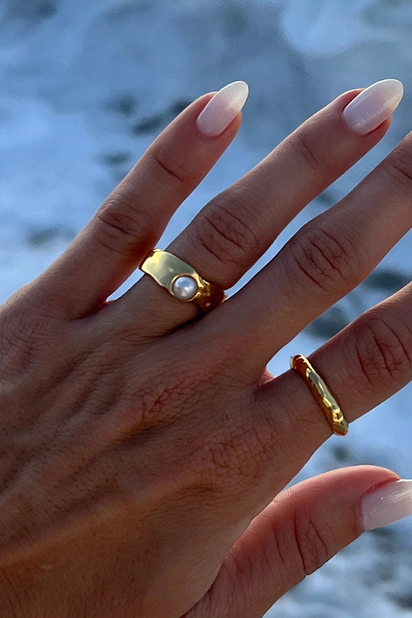 Fashion Gold Plated Stainless Steel Lava Pearl Ring-consonak