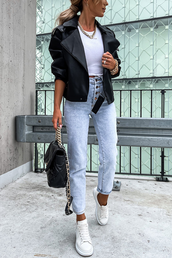 Stylish Leather Lapel Pocket British Style Cropped Jacket-consonak