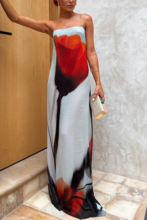 Passionate wine glass flower abstract tulip print H-shaped casual long dress-consonak