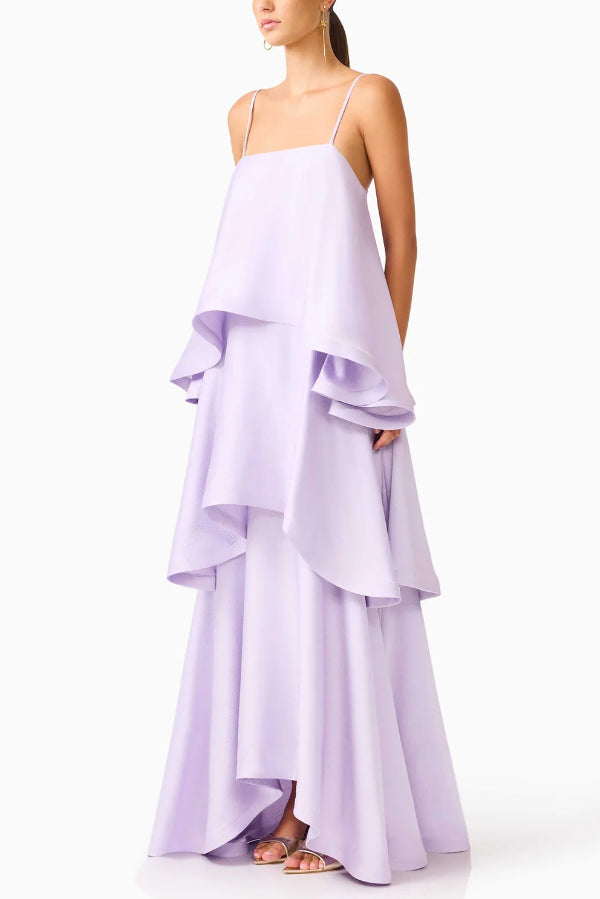 Soft and Smooth Satin Tiered Slip Square Neck A-line Maxi Dress | Consonak