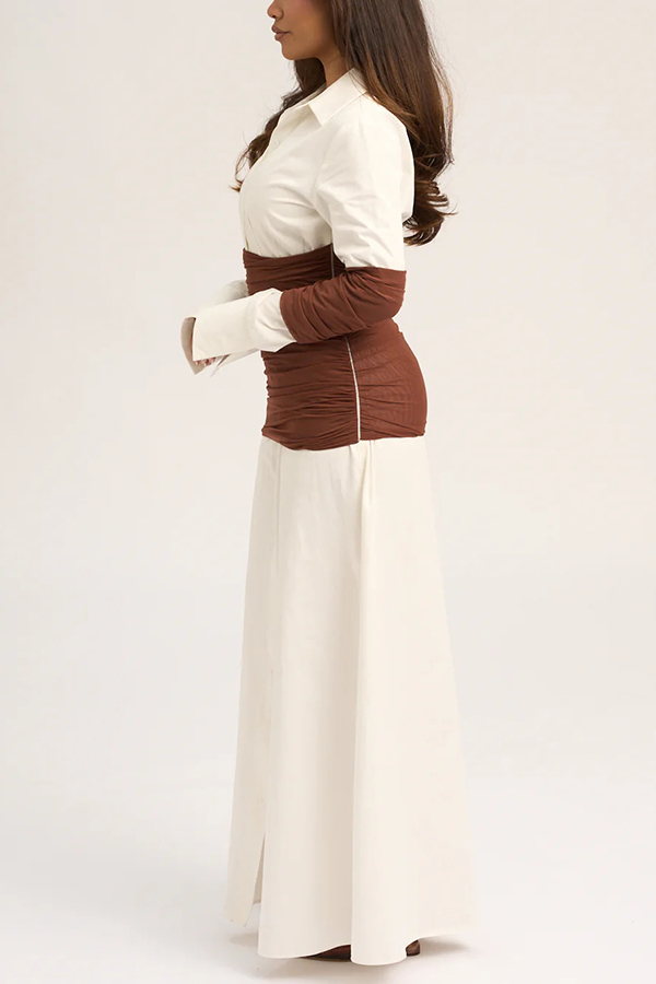 Fashionable Pleated Contrast Patchwork Waist Long Sleeve Button Shirt Maxi Dress-consonak