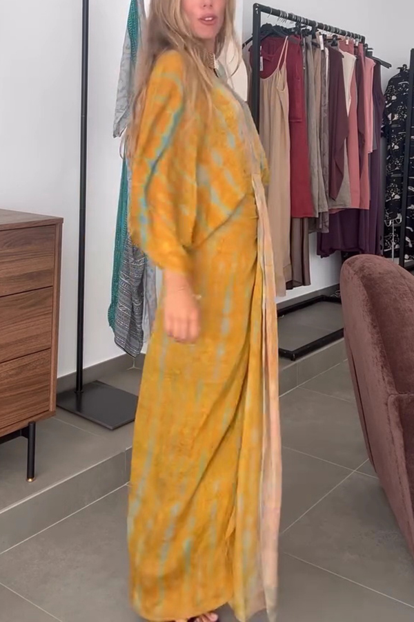 Unique Printed V-neck High-waisted Loose-fitting Holiday Maxi Dress-consonak