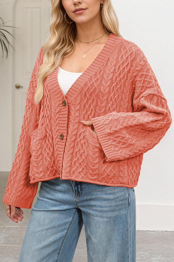 Solid Color Loose V-neck Long-sleeved Casual Pocket Knitted Cardigan-consonak