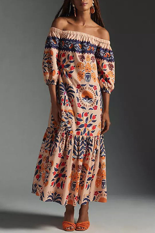 Island Lover Printed Off The Shoulder Pocketed Flowy Midi Dress-consonak