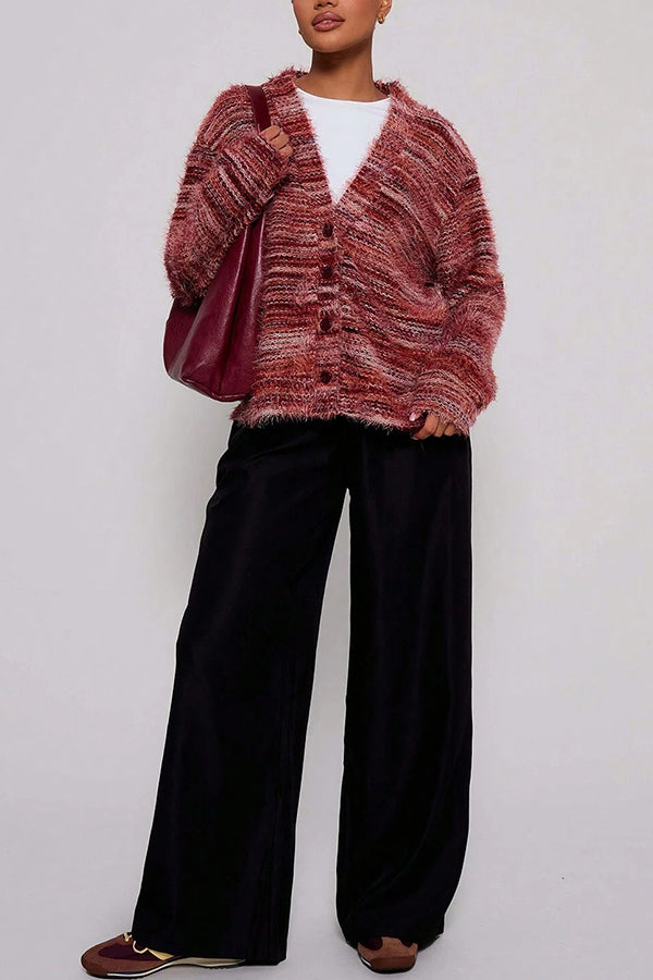 Fashionable Mixed Color Loose V-neck Casual Knit Cardigan-consonak