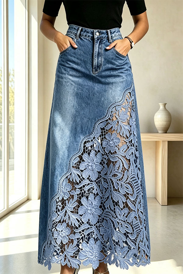 Stylish and Elegant Denim Side Panels Flower Crochet Lace Pocket Maxi Skirt-Consonak