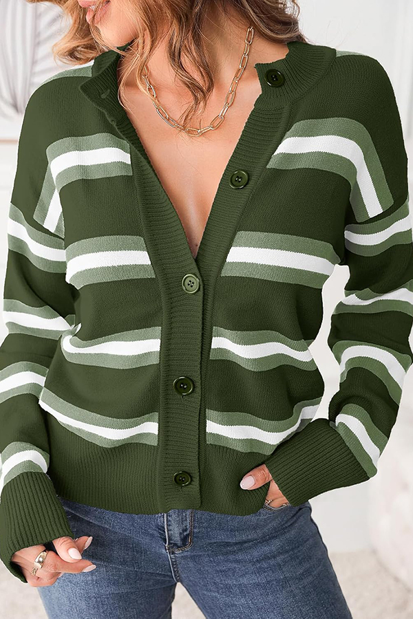 Colorblock Striped Knitted Long-sleeve Cardigan-consonak