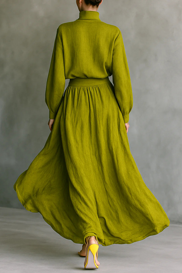 Linen Blend Solid Color Loose Long-sleeved Top and High-waisted Casual Pocket Maxi Skirt Set-Consonak