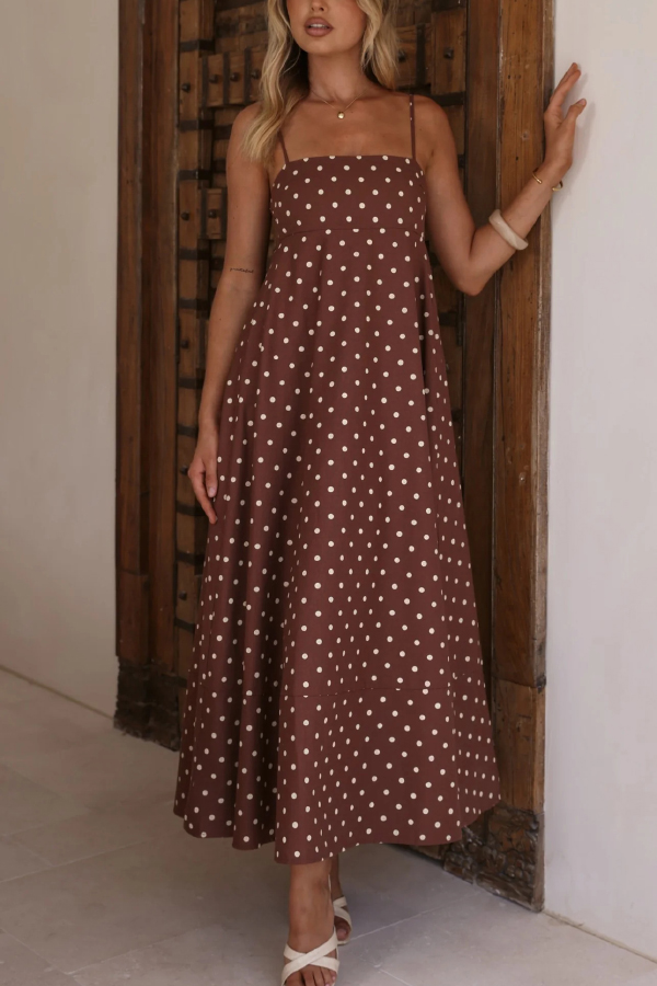 Polka Dot Print Square Neck Suspender Casual Pocket Maxi Dress