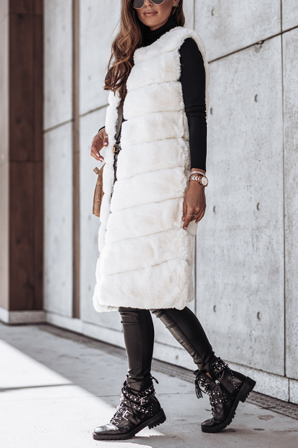 Solid Color Fur Round Neck Sleeveless Midi Vest Jacket-consonak