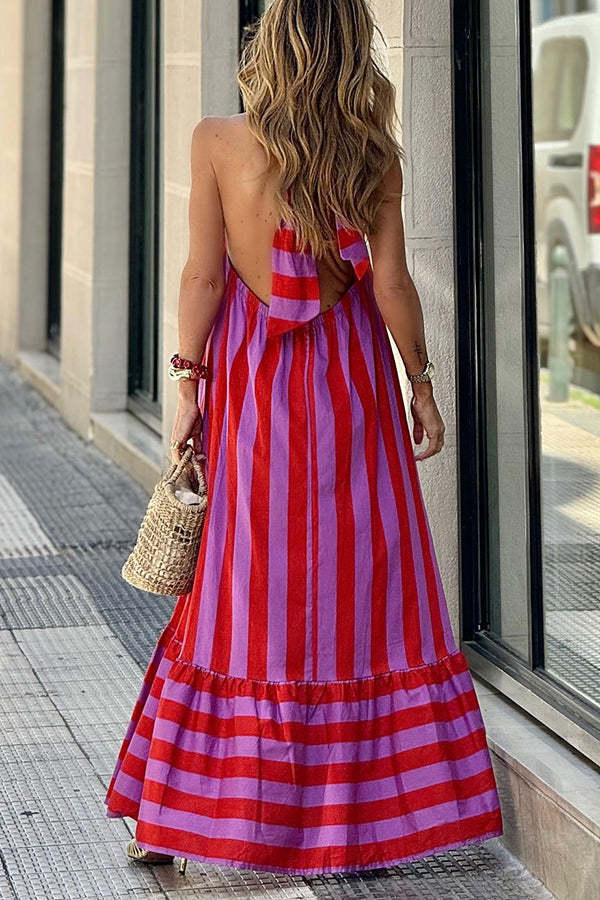 Roxane Linen Blend Striped Halter Neck A-line Maxi Dress-consonak