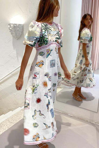 European Summer Sunset Linen Blend Unique Print Puff Sleeve Midi Dress-consonak