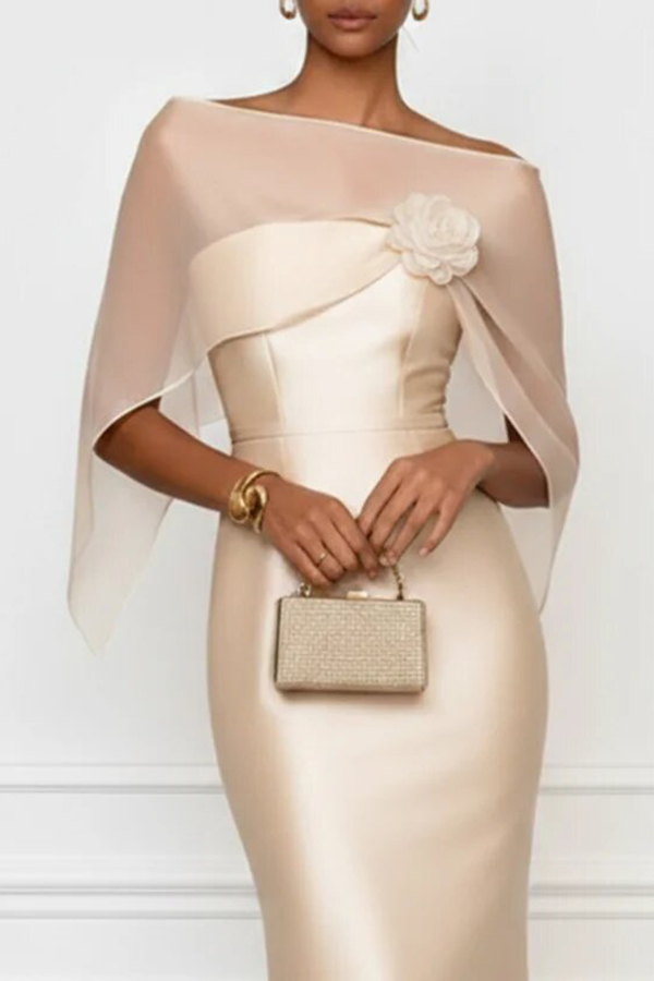 Lucero 3D Floral Satin Boat Neck Short Sleeve Sheath  Capelet Gown Maxi Dress