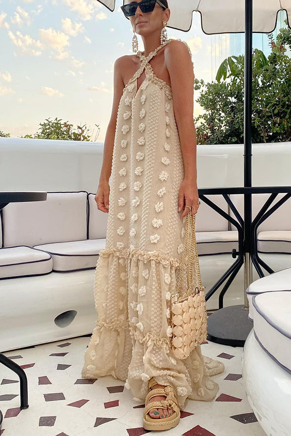 Sweet By The Sea Flower Decor Halter Party Maxi Dress-consonak