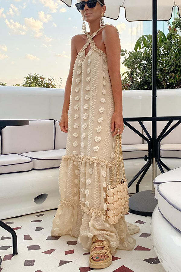 Sweet By The Sea Flower Decor Halter Party Maxi Dress-consonak