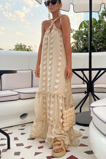 Sweet By The Sea Flower Decor Halter Party Maxi Dress-consonak