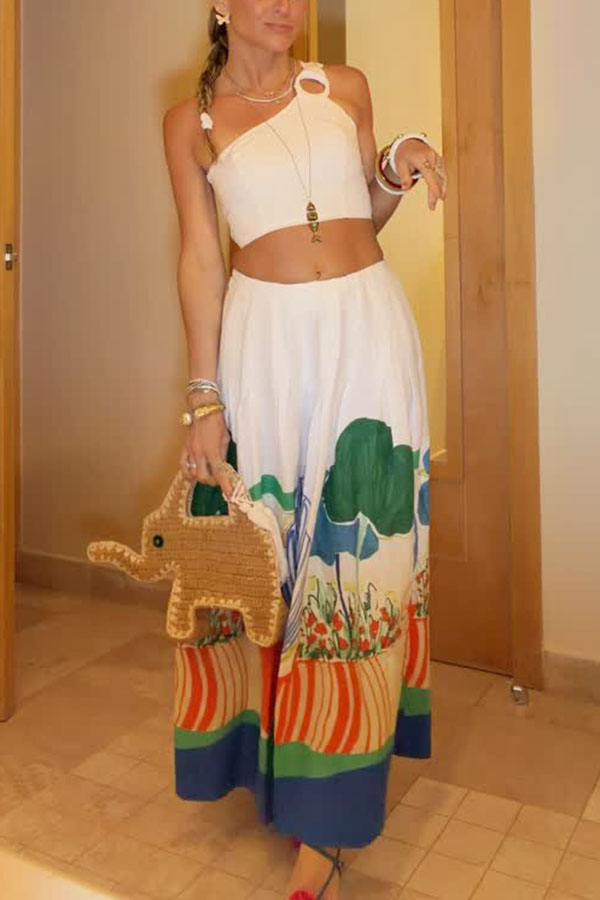 Mexican Night Linen Blend Unique Print Ring One Shoulder Top and Elastic Waist Pocket Maxi Skirt Set