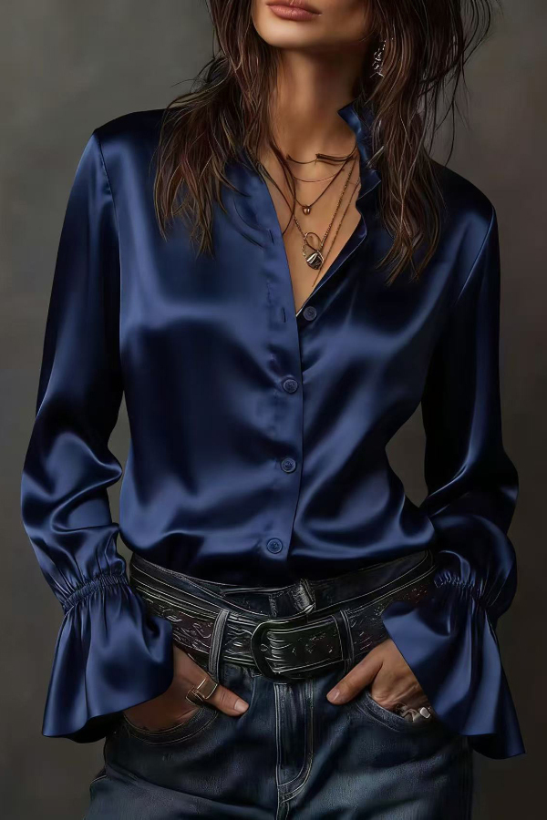 Solid Color Satin Casual Long-sleeved Button-down Shirt-consonak