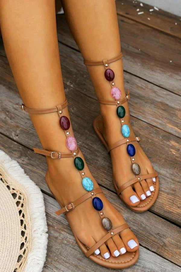 Buckle Strap Colorful Pearl Beach Resort Style Flat Sandals-consonak