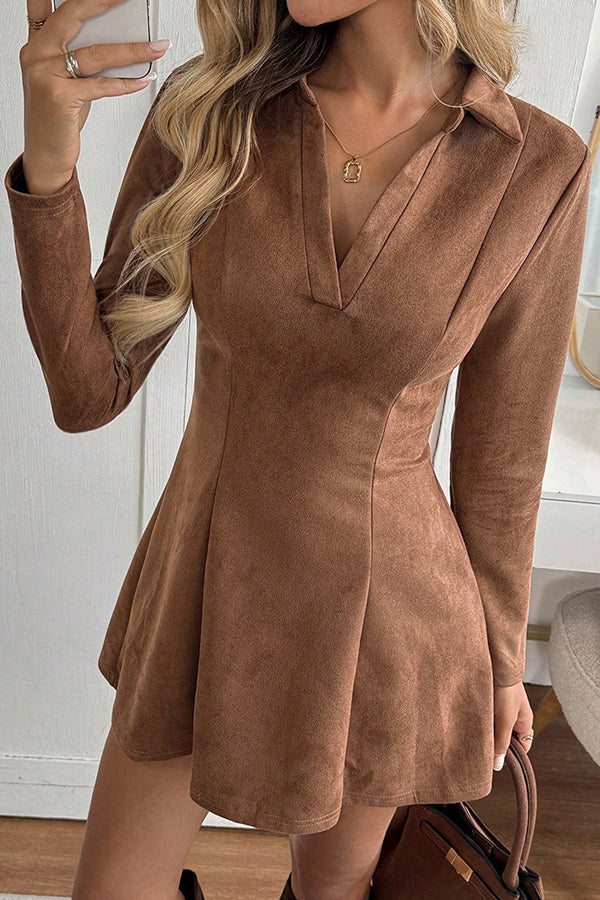 Stylish Suede Collared Long-sleeved Slim-fit Mini Dress-consonak