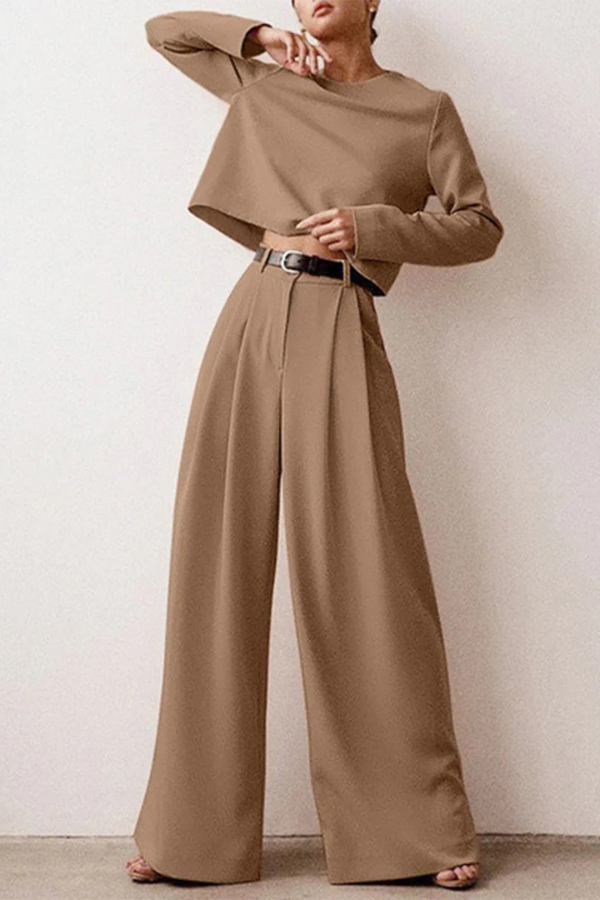 Solid Color Crew Neck Long-sleeved Cropped Top and Casual Pocket Wide-leg Pants Set-consonak