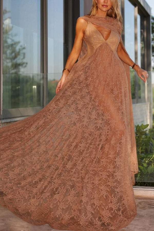 Carissa Floral Lace V-neck Wide Shoulder Straps A-line Maxi Dress-consonak