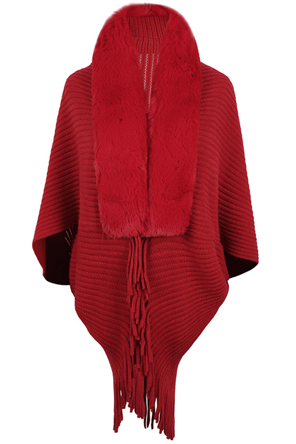 Fashionable Fur Collar Tassel Hem Knitted Shawl Cape-consonak