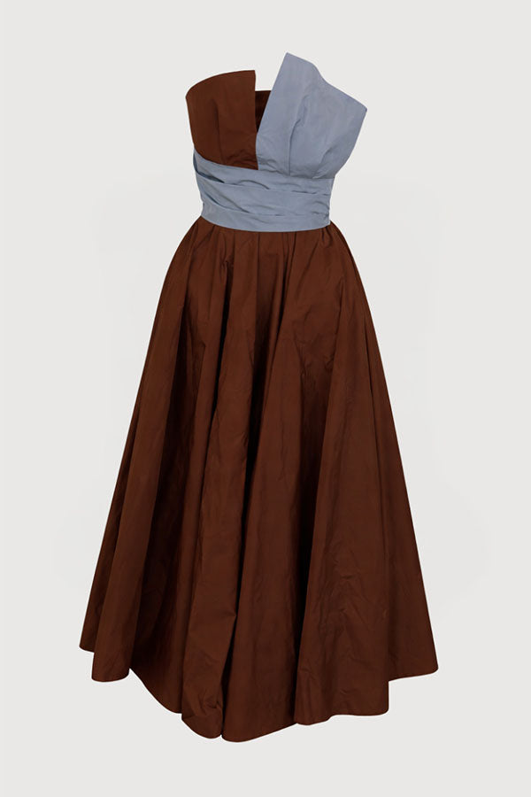 Modern Structured Color Block Off Shoulder Pocket Umbrella Hem Maxi Dress