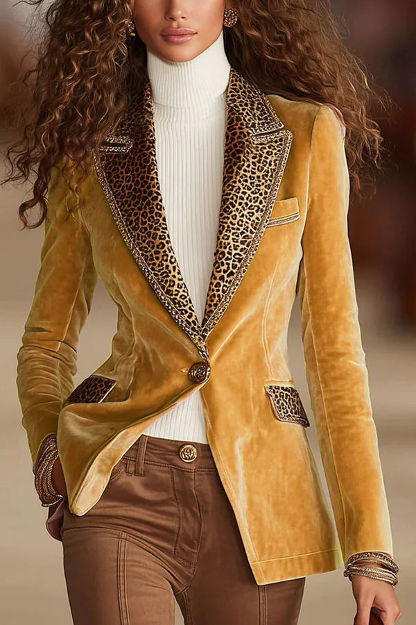 Gold Velvet Leopard Print Patchwork Lapel Long Sleeve Elegant Blazer | Consonak