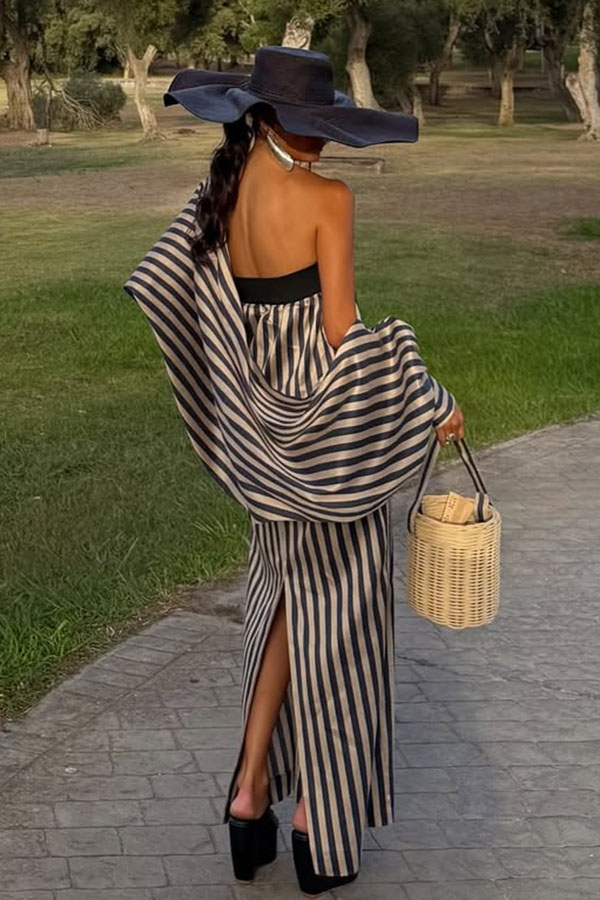 Berry Satin-Striped Detachable Balloon Sleeve Jacket Strapless Maxi Dress | Consonak