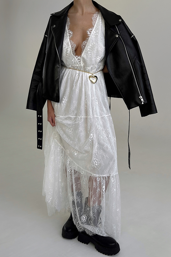 Fashionable Sheer Lace V-neck Backless Elegant Maxi Dress