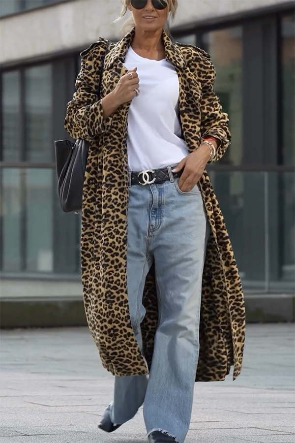 Be Free Velvet Leopard Print Long Sleeve Loose Midi Trench Coat | Consonak