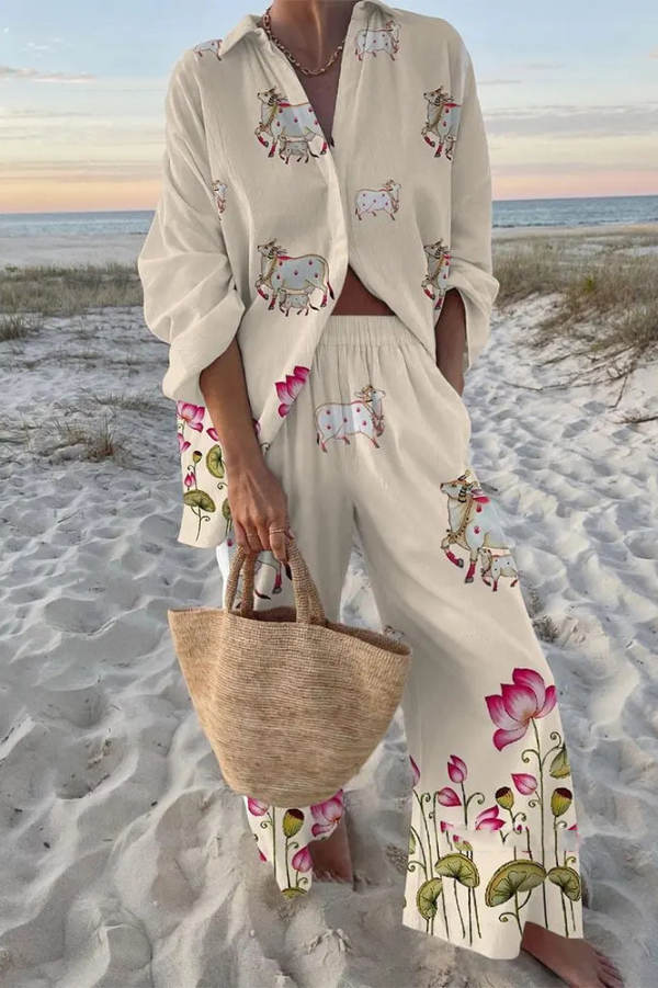 Ox and Lotus Print Oversized Shirt and Elastic Waist Pocket Pants Set