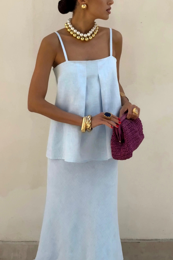 Linen Blend Loose Square Neck Camisole Top and Elegant Resort Maxi Skirt Set-consonak