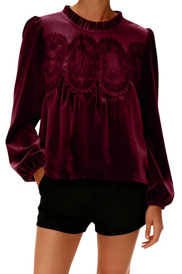 Fashionable Velvet and Lace Patchwork Loose Long-sleeved Top-consonak