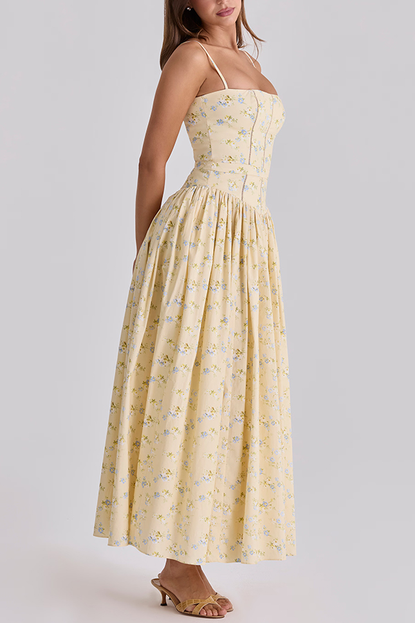 Romantic Countryside Stretch Cotton Blend Floral Print Cutout Trim Slip Midi Dress-consonak