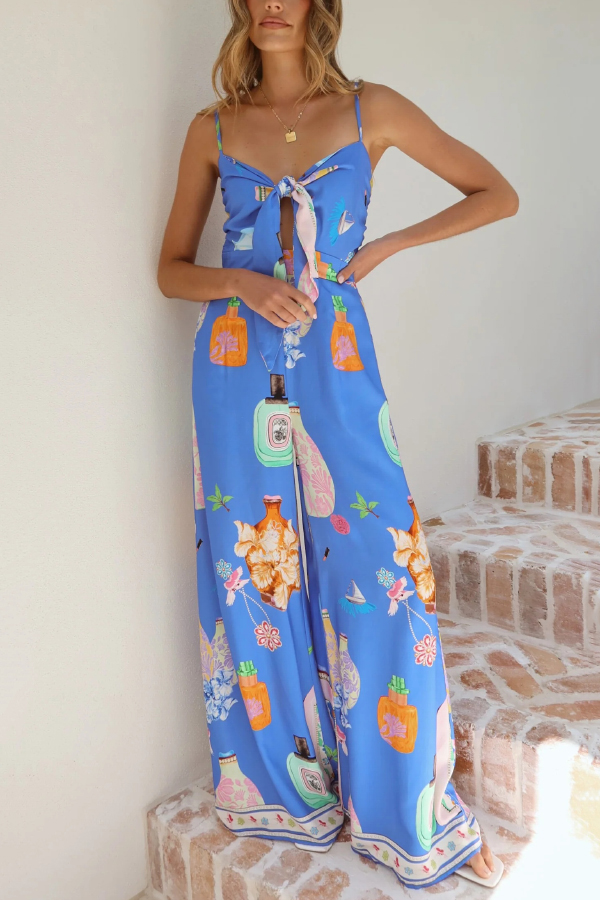 Perfume Bottle Print Strappy Fitted Waist Casual Pocket Wide-Leg Jumpsuit