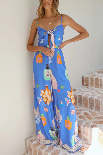 Perfume Bottle Print Strappy Fitted Waist Casual Pocket Wide-Leg Jumpsuit