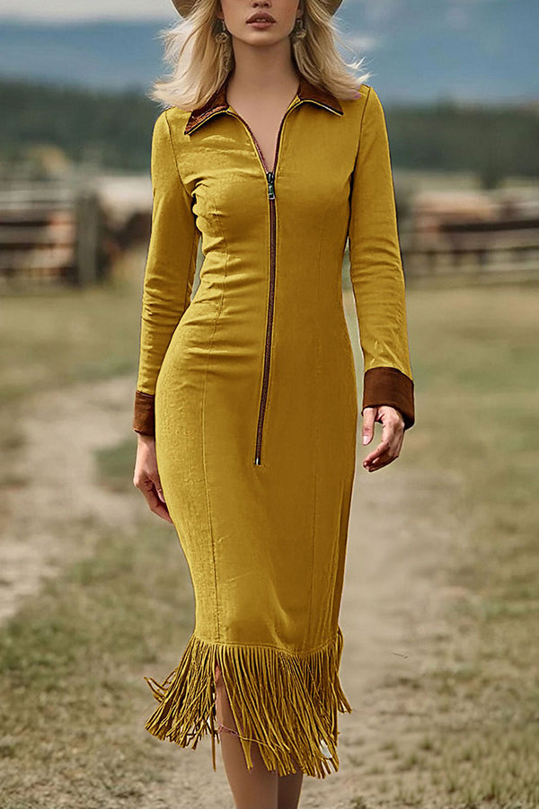 Stylish Suede Zipper Long-sleeved Fringed Hem Slim-fit Midi Dress-consonak