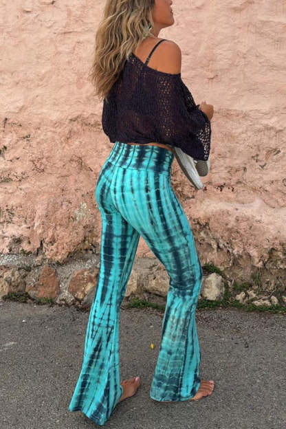 Fashionable tie dye printed pleated lace up waist elastic street bell bottom pants-consonak