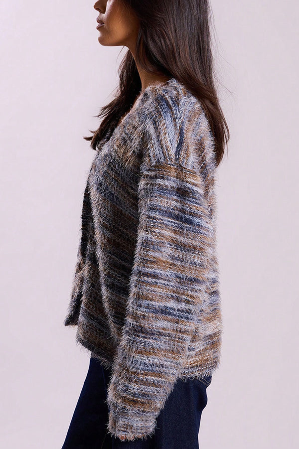 Fashionable Mixed Color Loose V-neck Casual Knit Cardigan-consonak