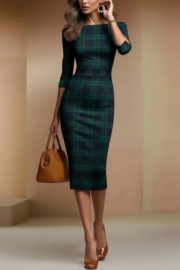 Plaid Print Half Sleeves Fitted Elegant Midi Dress-consonak
