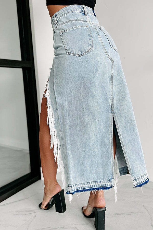Darla Cutting Ties Heavily Distressed Denim Maxi Skirt-consonak