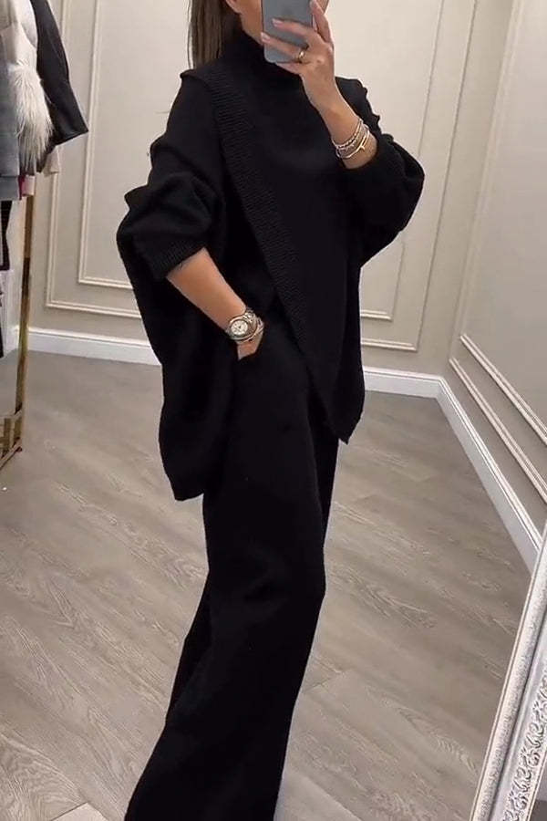 Solid Color Loose-fitting Turtleneck Knit Top and Elastic Waist Casual Pocket Straight Leg Pants-consonak